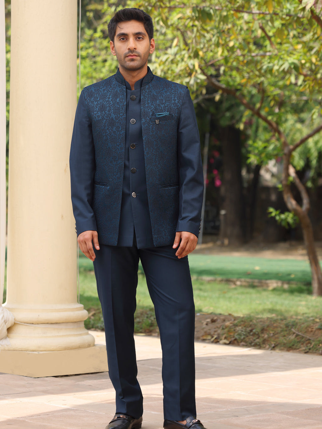 Midnight Blue Textured Bandhgala Suit Set