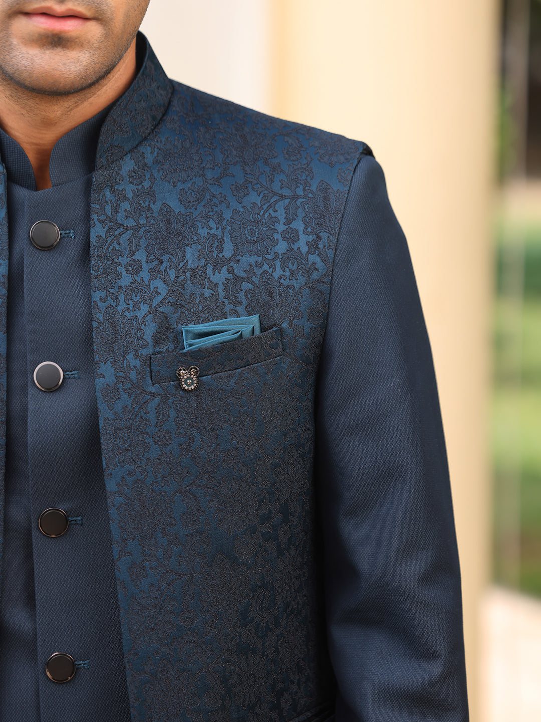 Midnight Blue Textured Bandhgala Suit Set