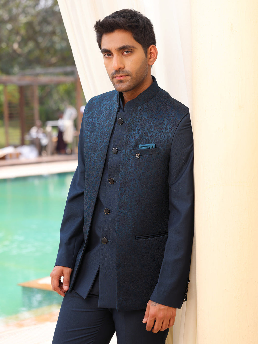 Midnight Blue Textured Bandhgala Suit Set