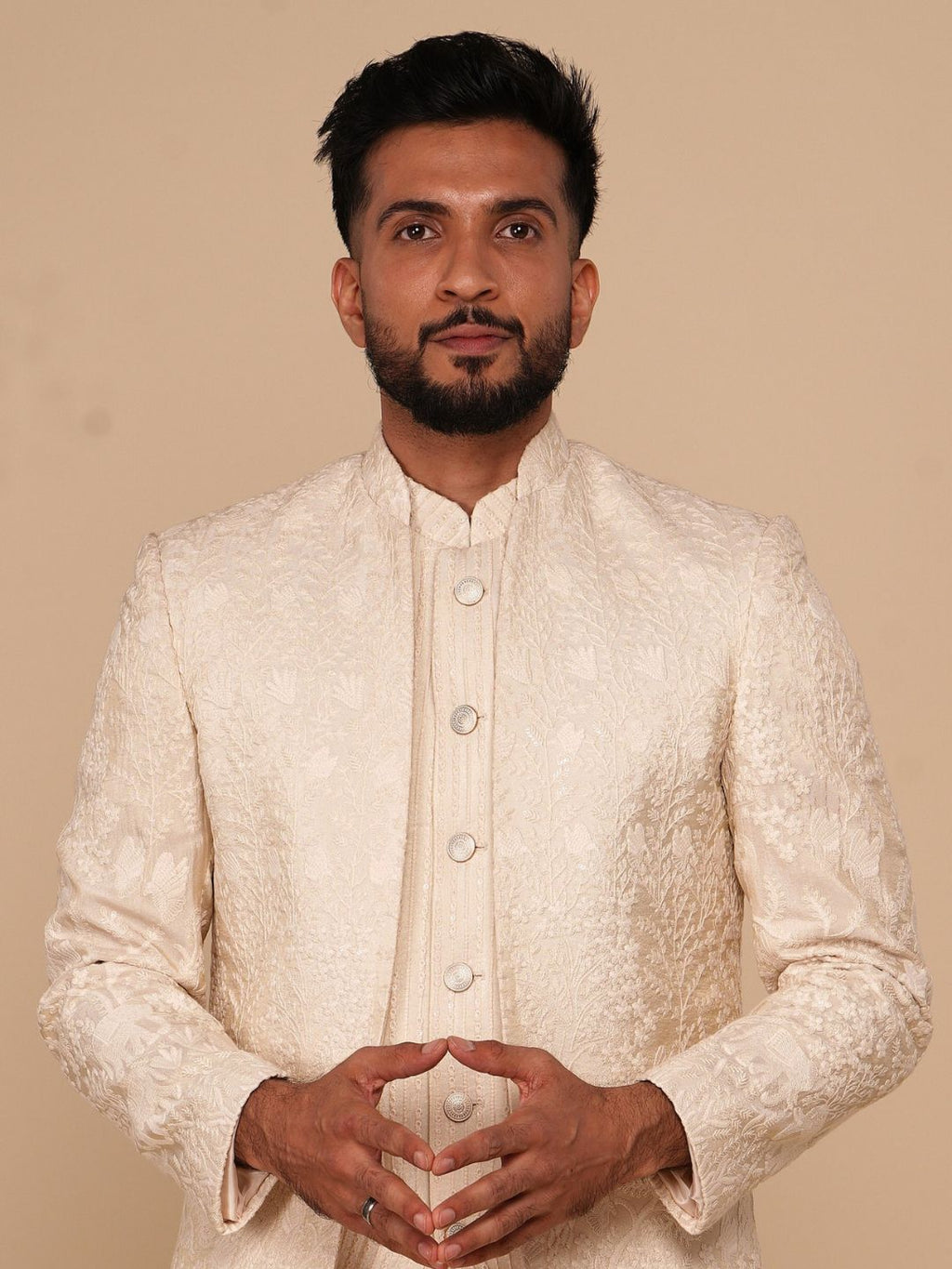 Neumen Cream Embroidered Men Achkan