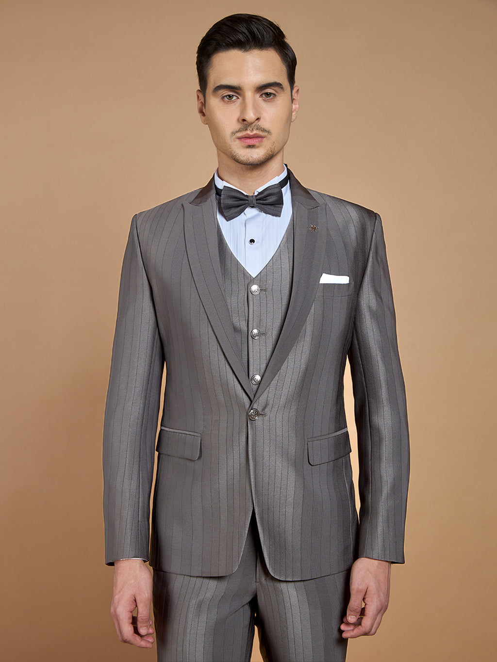 Grey Striped Tuxedo with Peak Collar