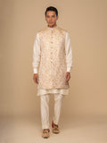 Neumen Cream Kurta, Trouser & Long Waistcoat Set For Men