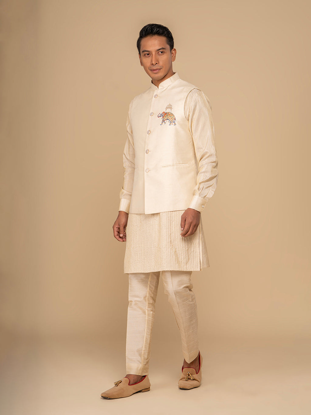 Cream Kurta, Trouser & Waistcoat Set For Men