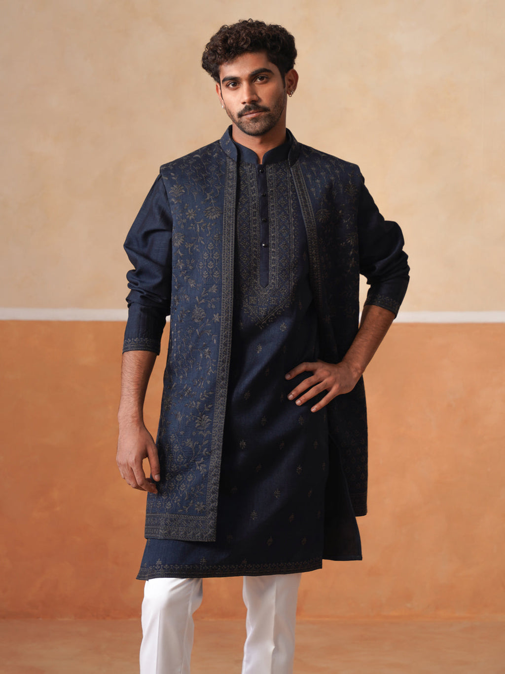 Men’s Blue Kurta, Trouser & Long Waistcoat Set