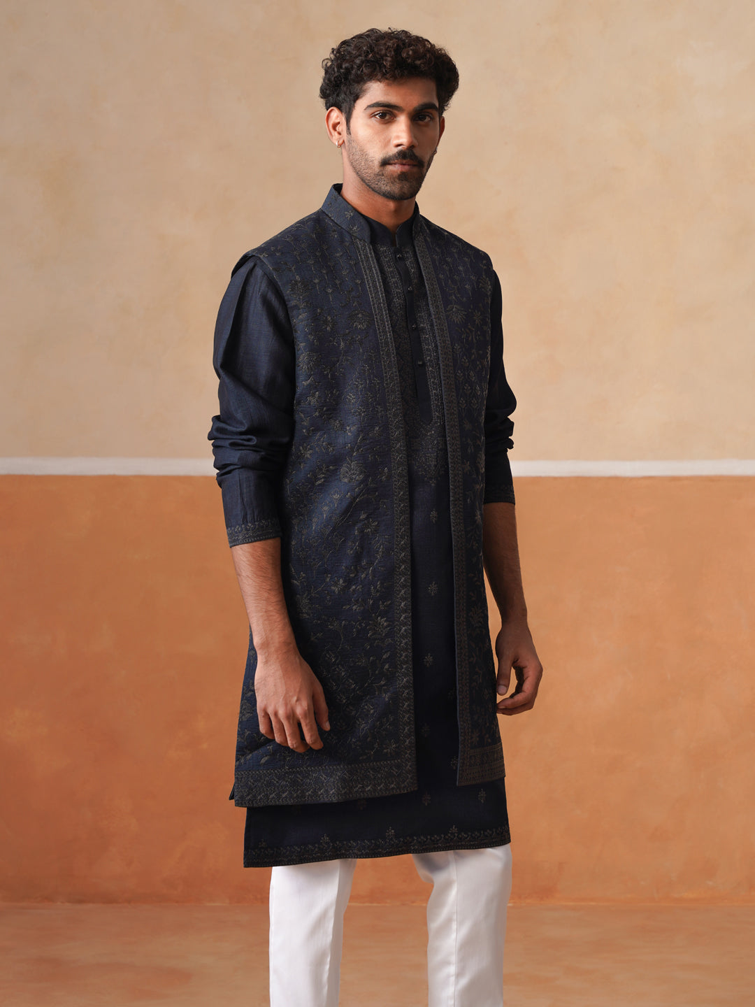 Men’s Blue Kurta, Trouser & Long Waistcoat Set