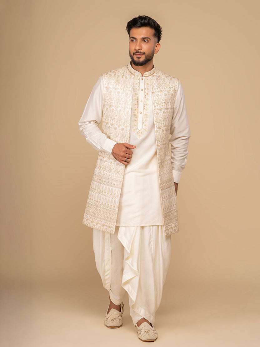 Neumen Cream Kurta, Dhoti & Long Waistcoat Set For Men