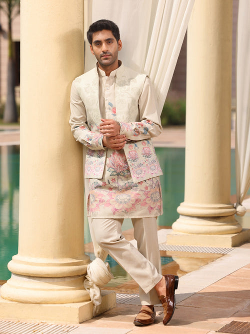 Beige Floral Kurta with Nehru Jacket Set