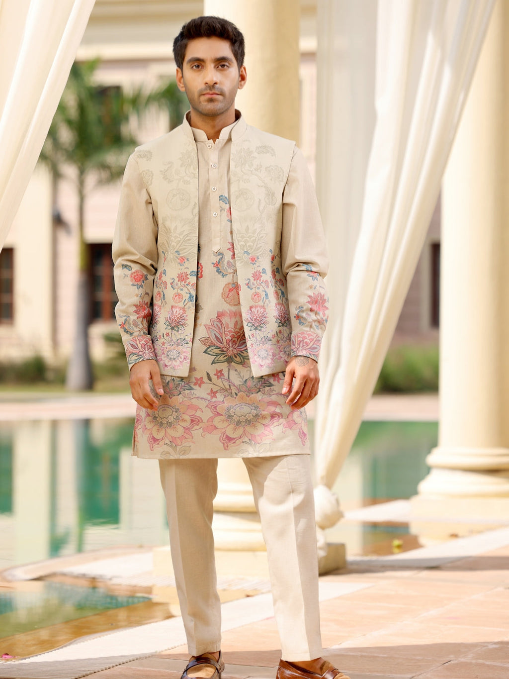 Beige Floral Kurta with Nehru Jacket Set