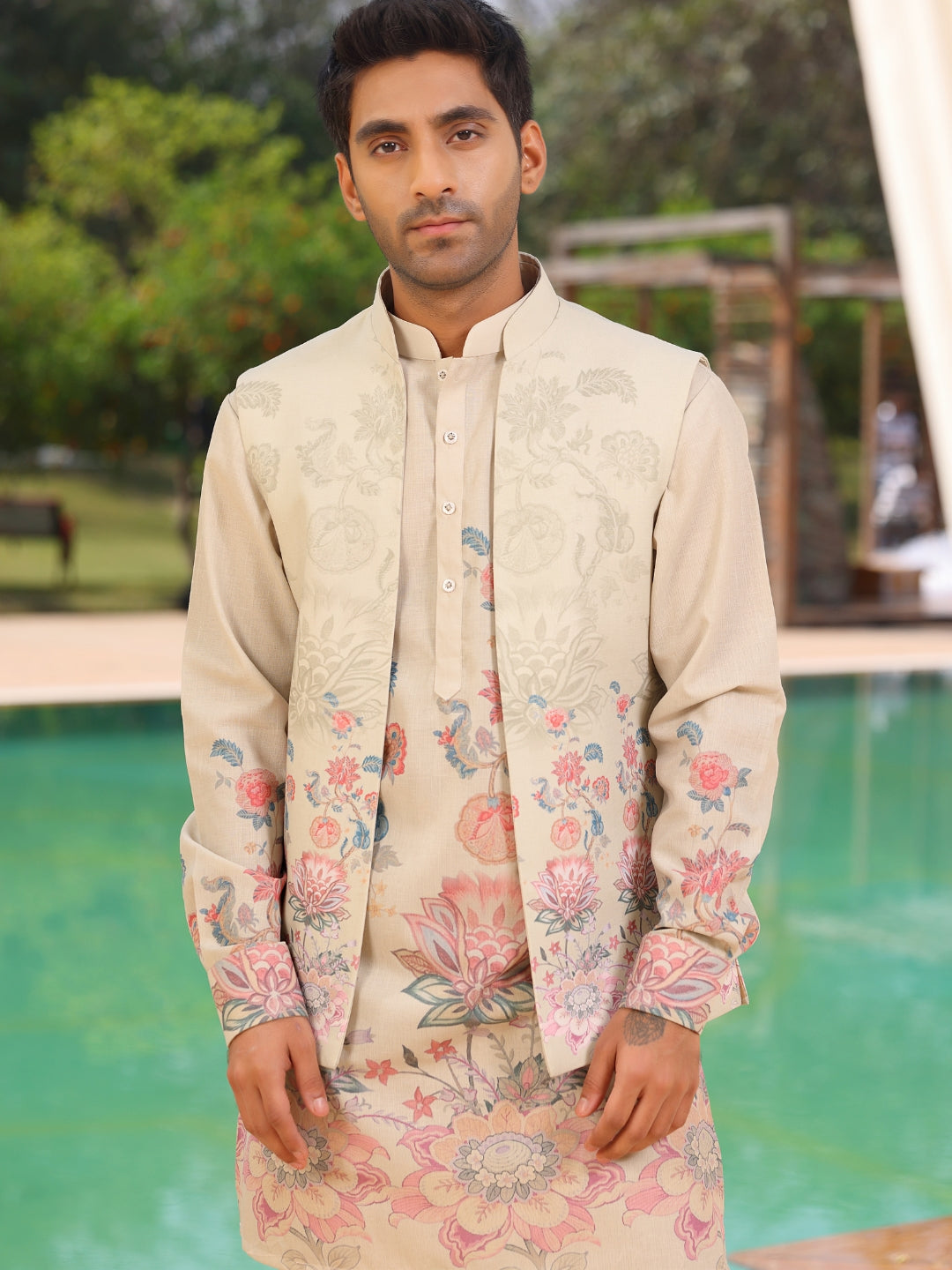 Beige Floral Kurta with Nehru Jacket Set