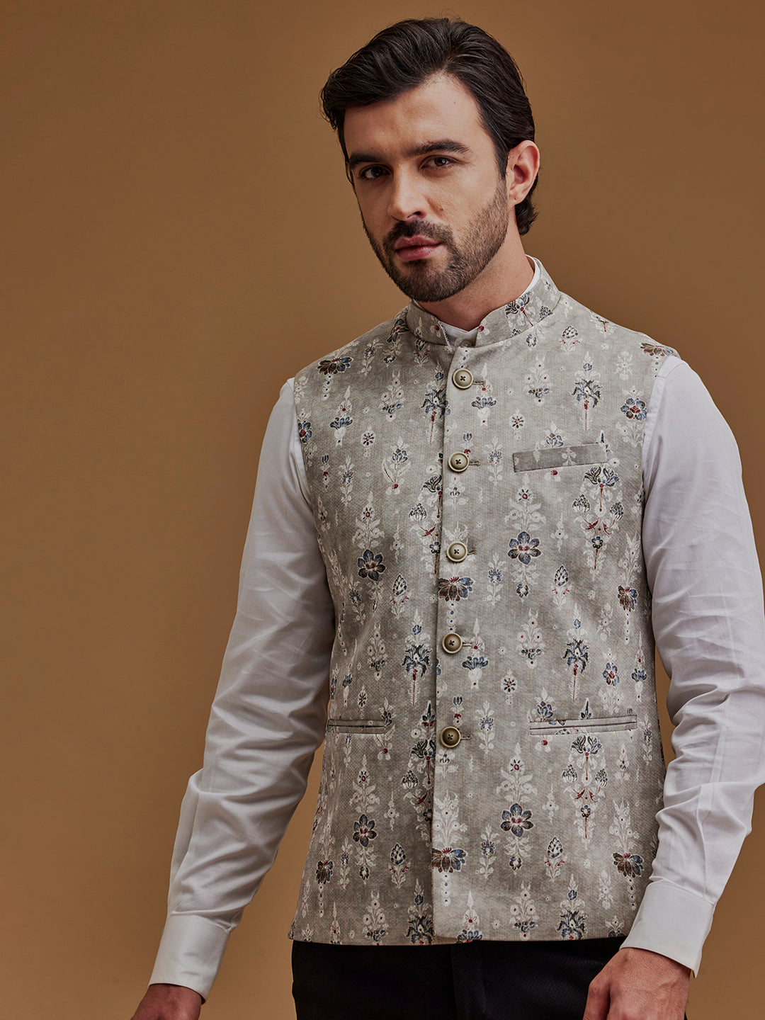 Floral Printed Grey Bundi