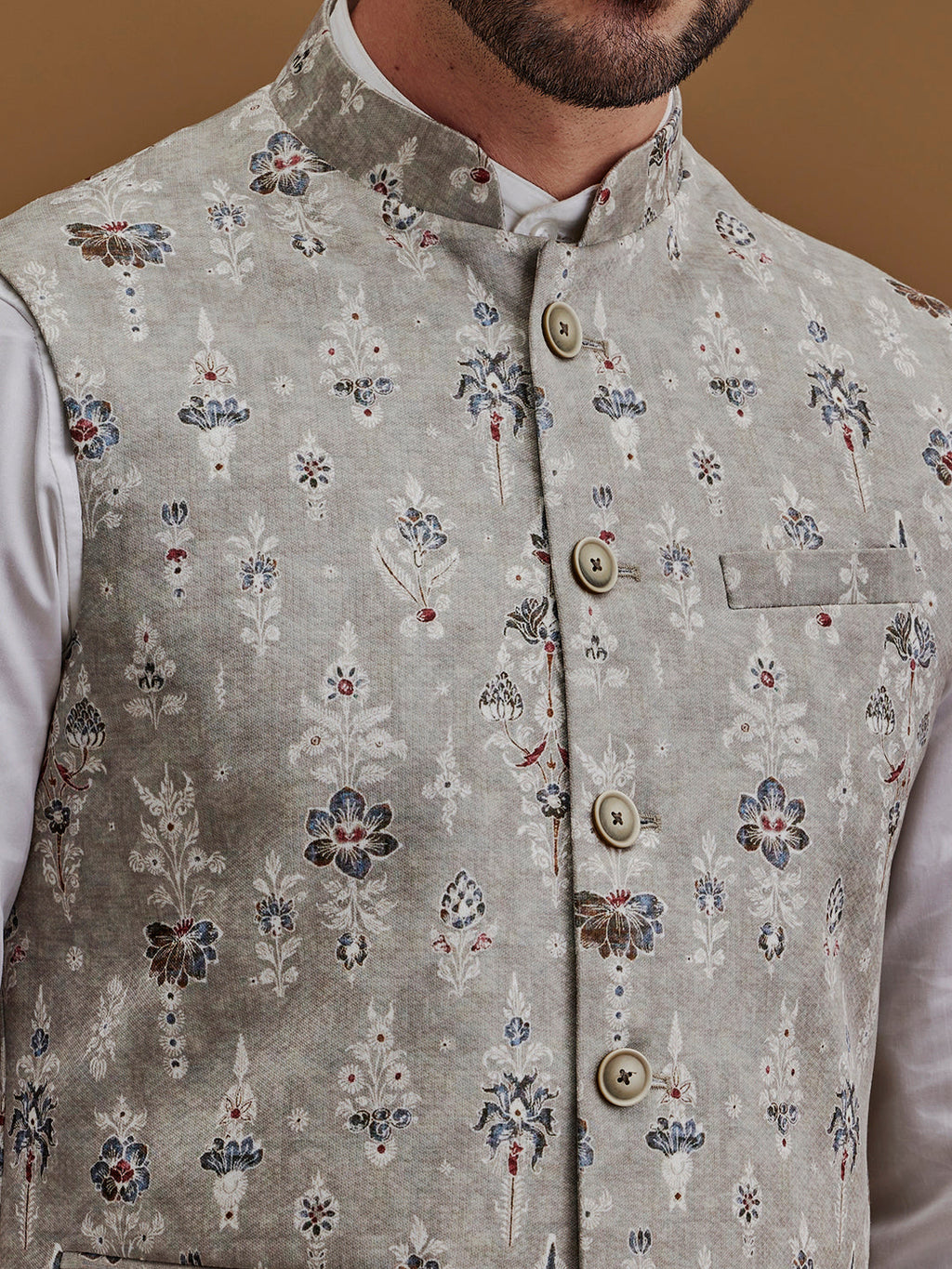 Floral Printed Grey Bundi