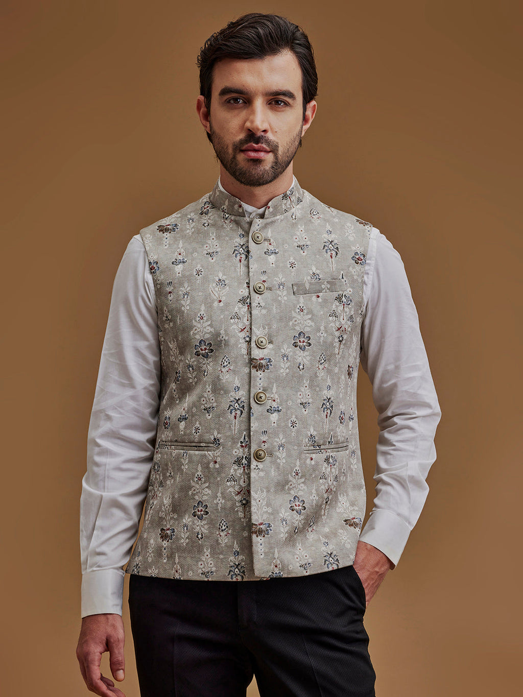 Floral Printed Grey Bundi