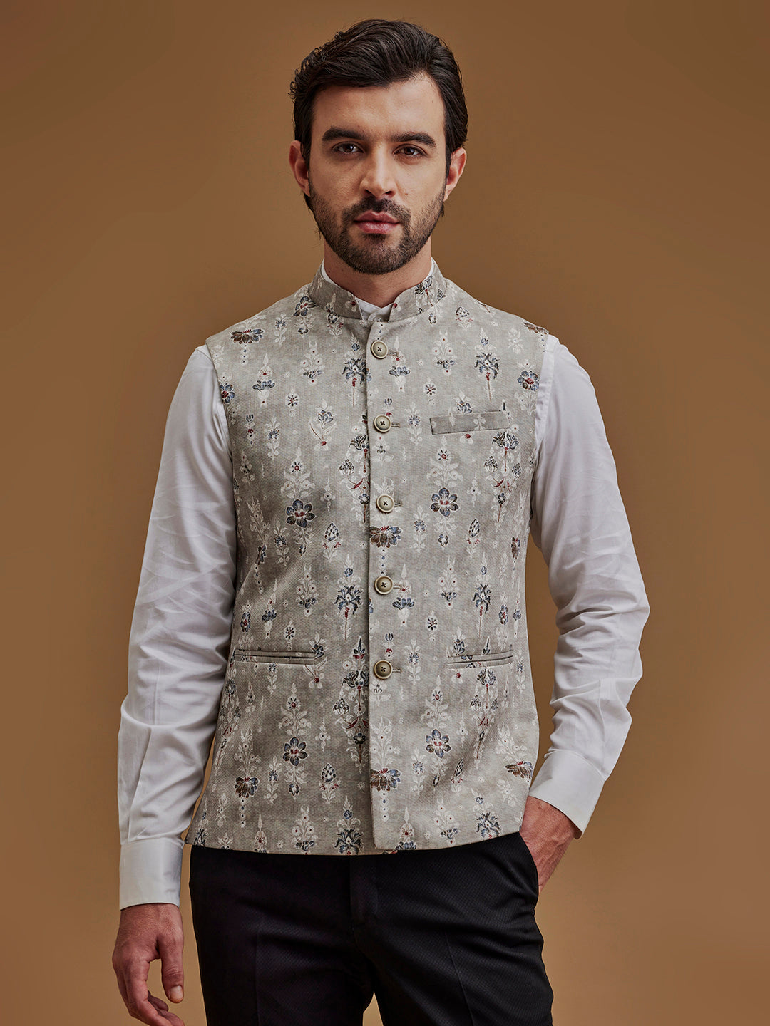 Floral Printed Grey Bundi