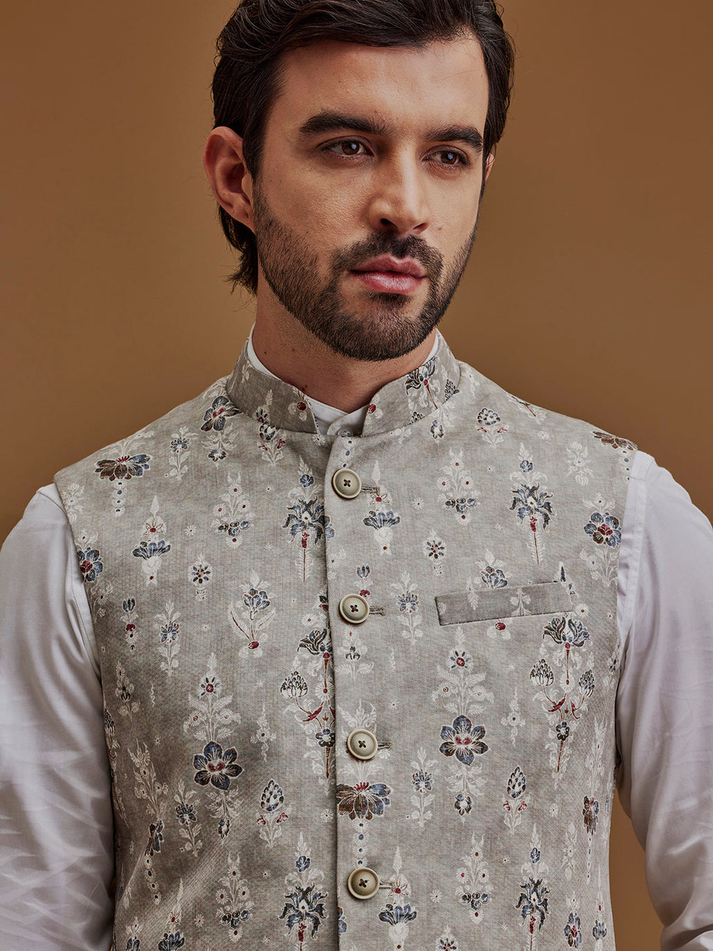 Floral Printed Grey Bundi