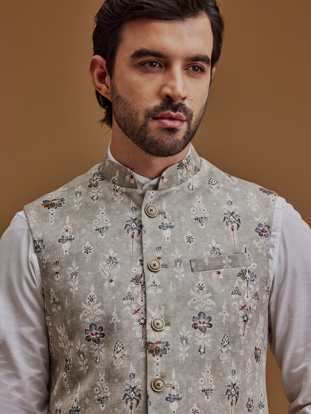 Floral Printed Grey Bundi