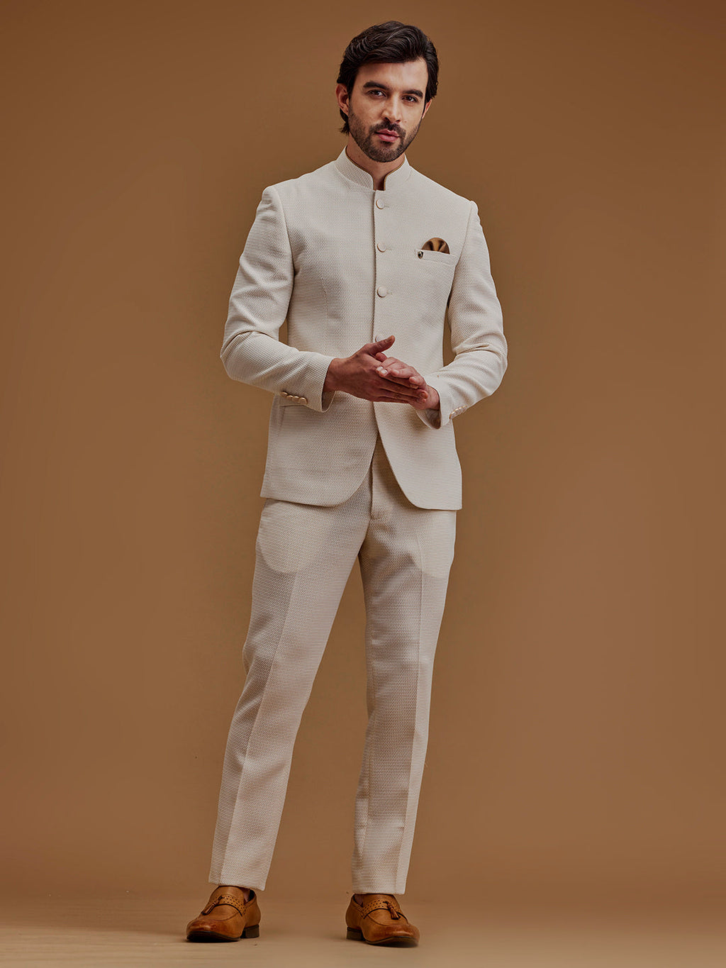 Cream Textured Indo Western Bandhgala