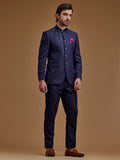 Navy Blue Paisley Printed Indo Western Bandhgala