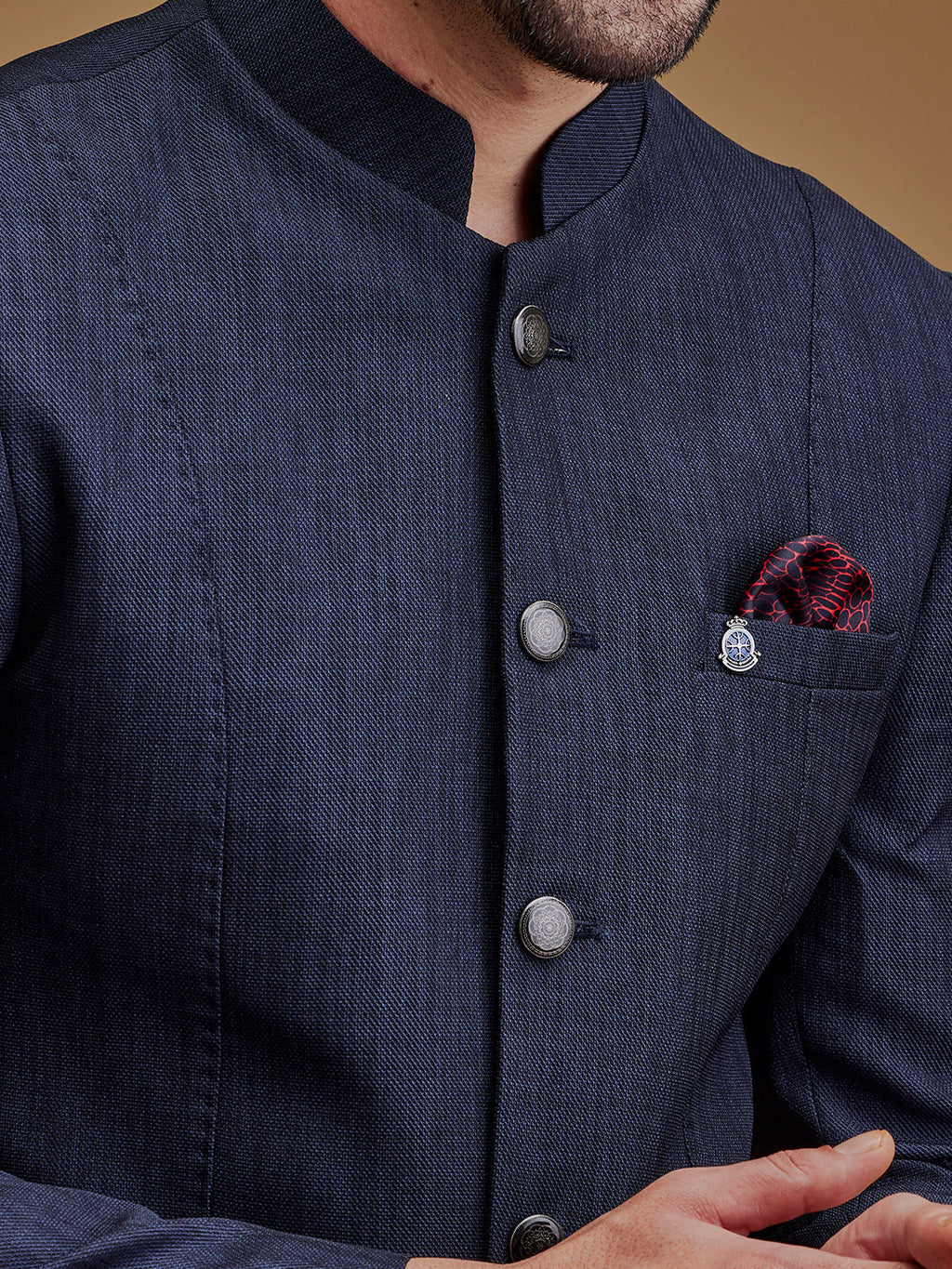 Dark Blue Textured Indo Western Bandhgala