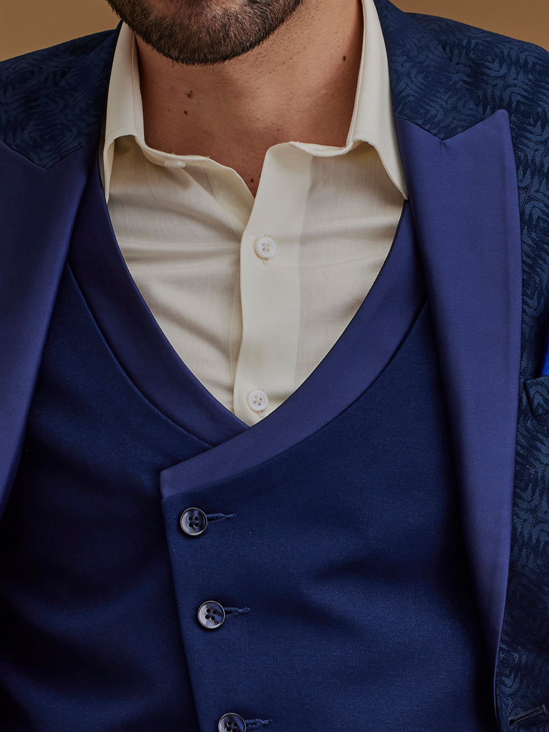 Blue Printed Single Breasted Five Piece Suit