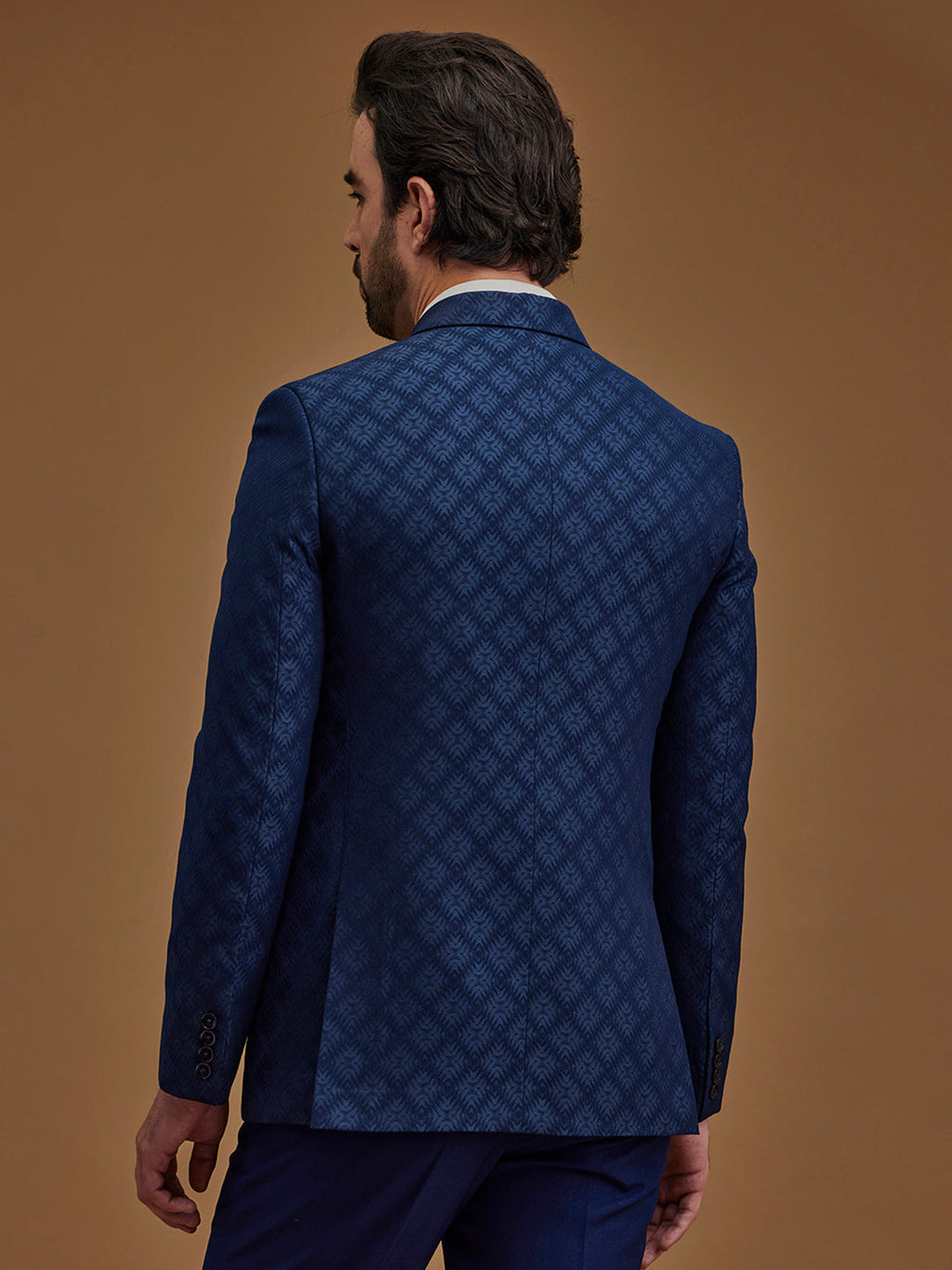 Blue Printed Single Breasted Five Piece Suit