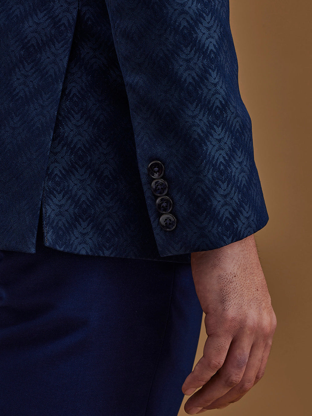 Blue Printed Single Breasted Five Piece Suit