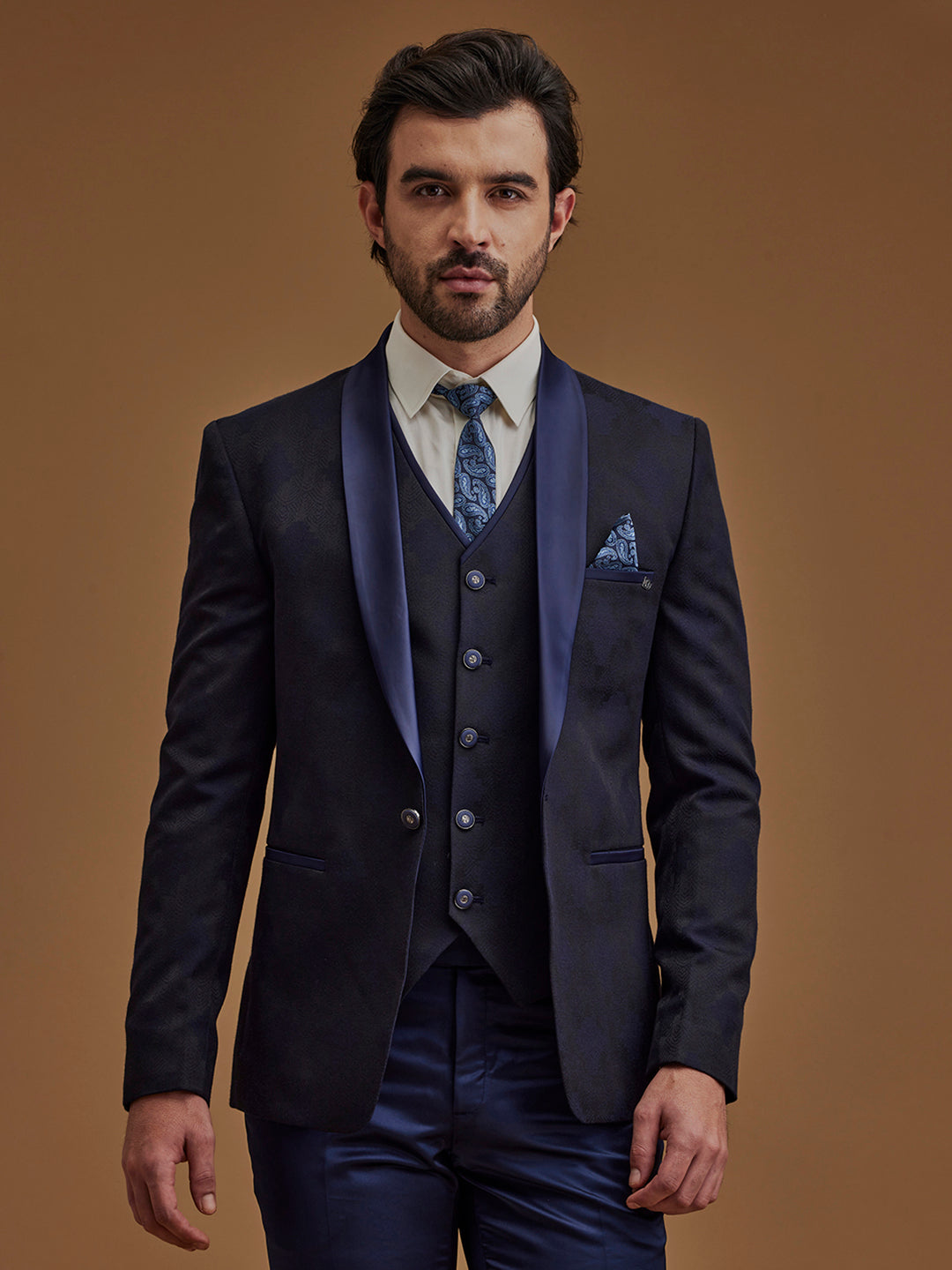 Navy Blue Printed Single Breasted Five Piece Suit