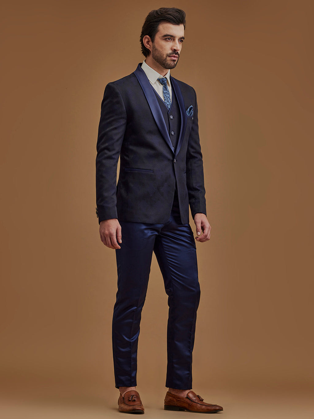 Navy Blue Printed Single Breasted Five Piece Suit