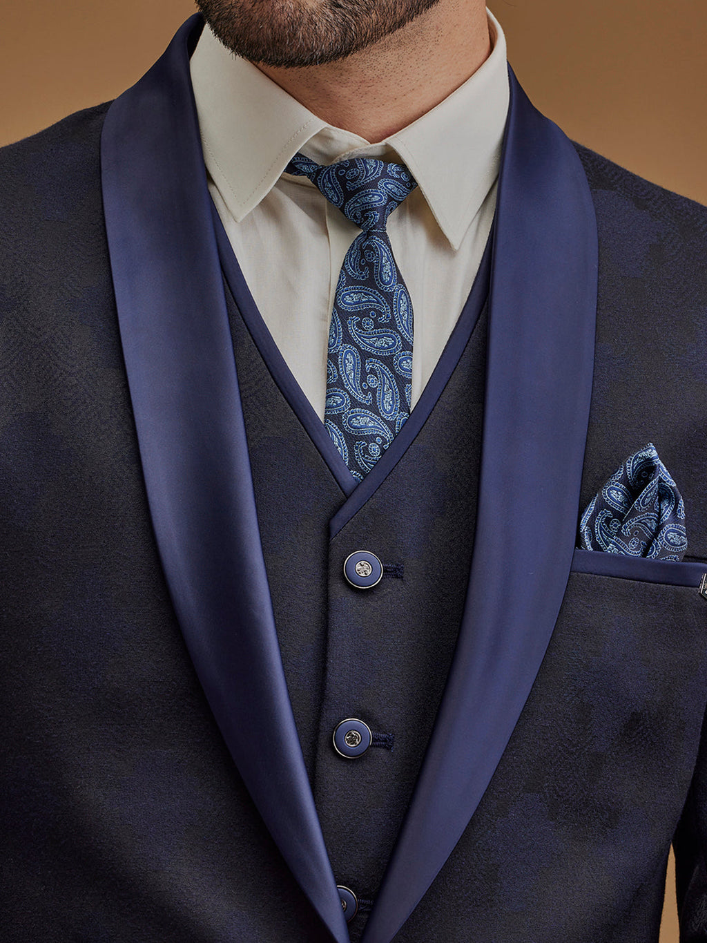 Navy Blue Printed Single Breasted Five Piece Suit