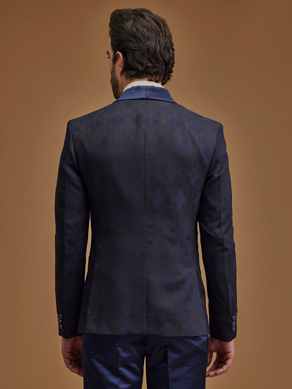 Navy Blue Printed Single Breasted Five Piece Suit