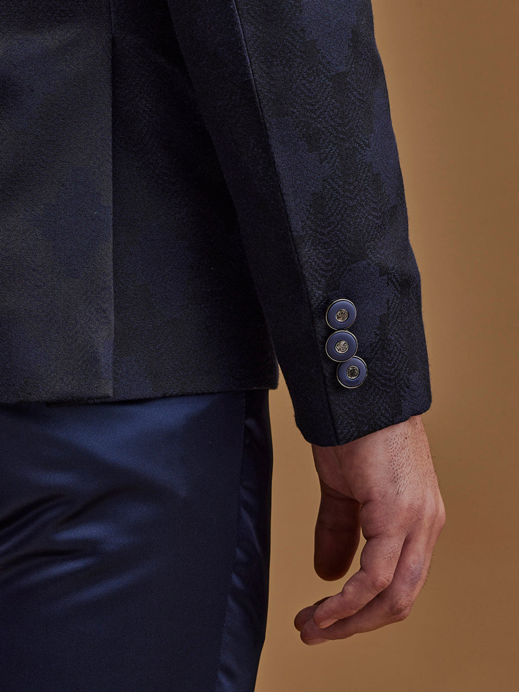 Navy Blue Printed Single Breasted Five Piece Suit