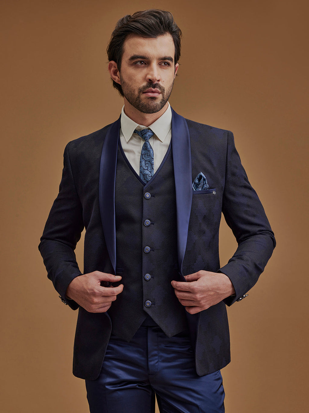 Navy Blue Printed Single Breasted Five Piece Suit