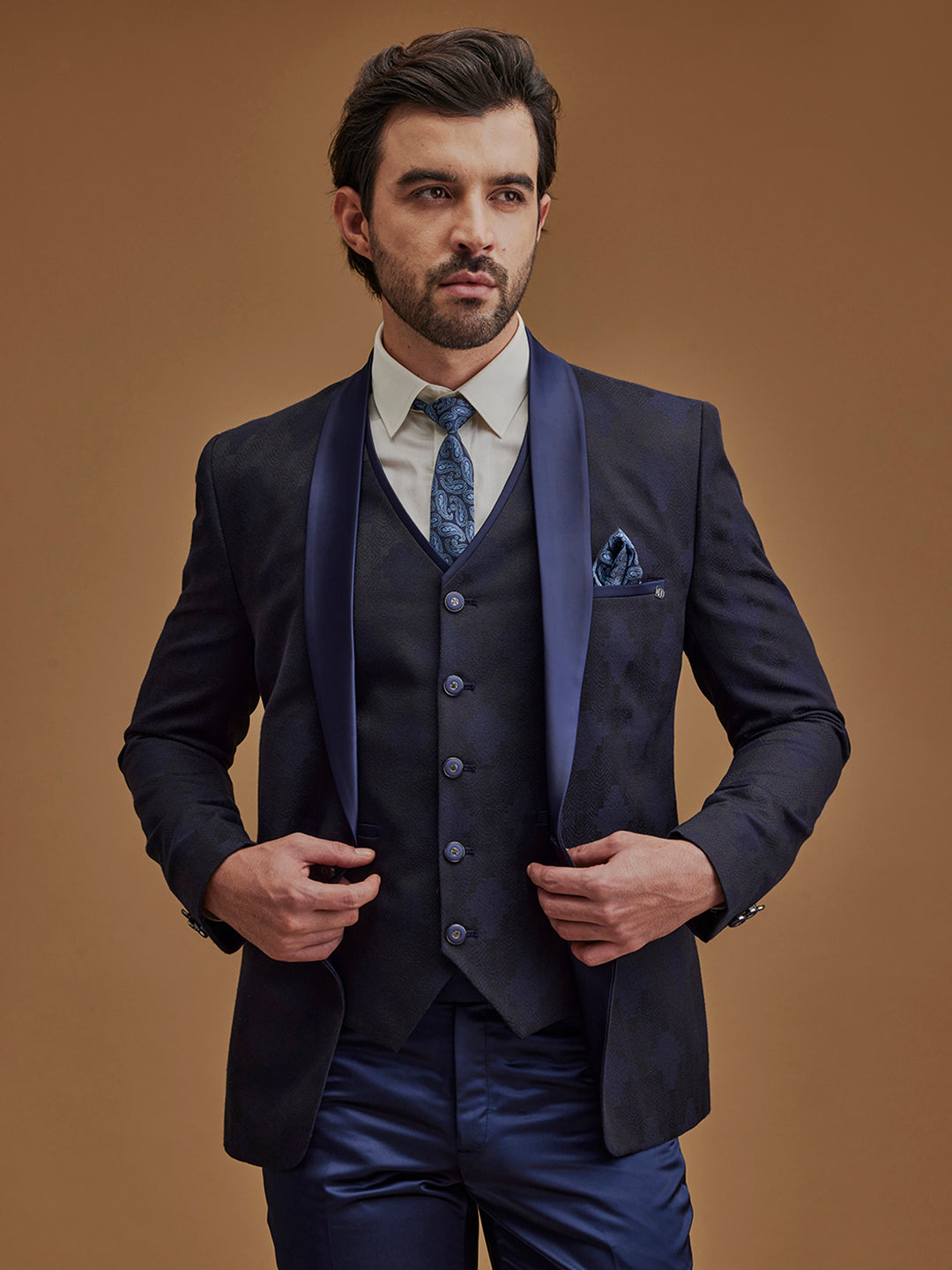 Navy Blue Printed Single Breasted Five Piece Suit