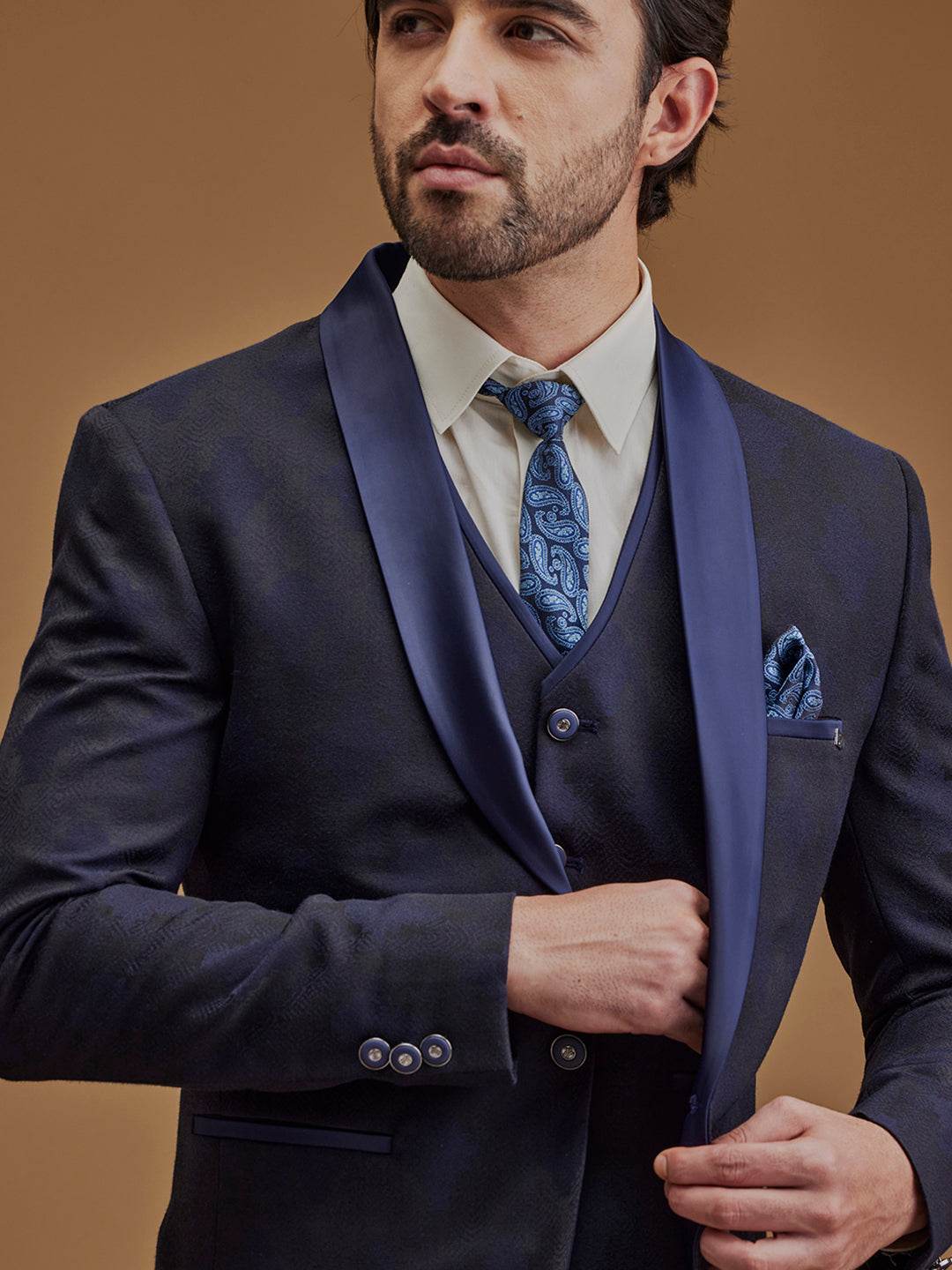 Navy Blue Printed Single Breasted Five Piece Suit