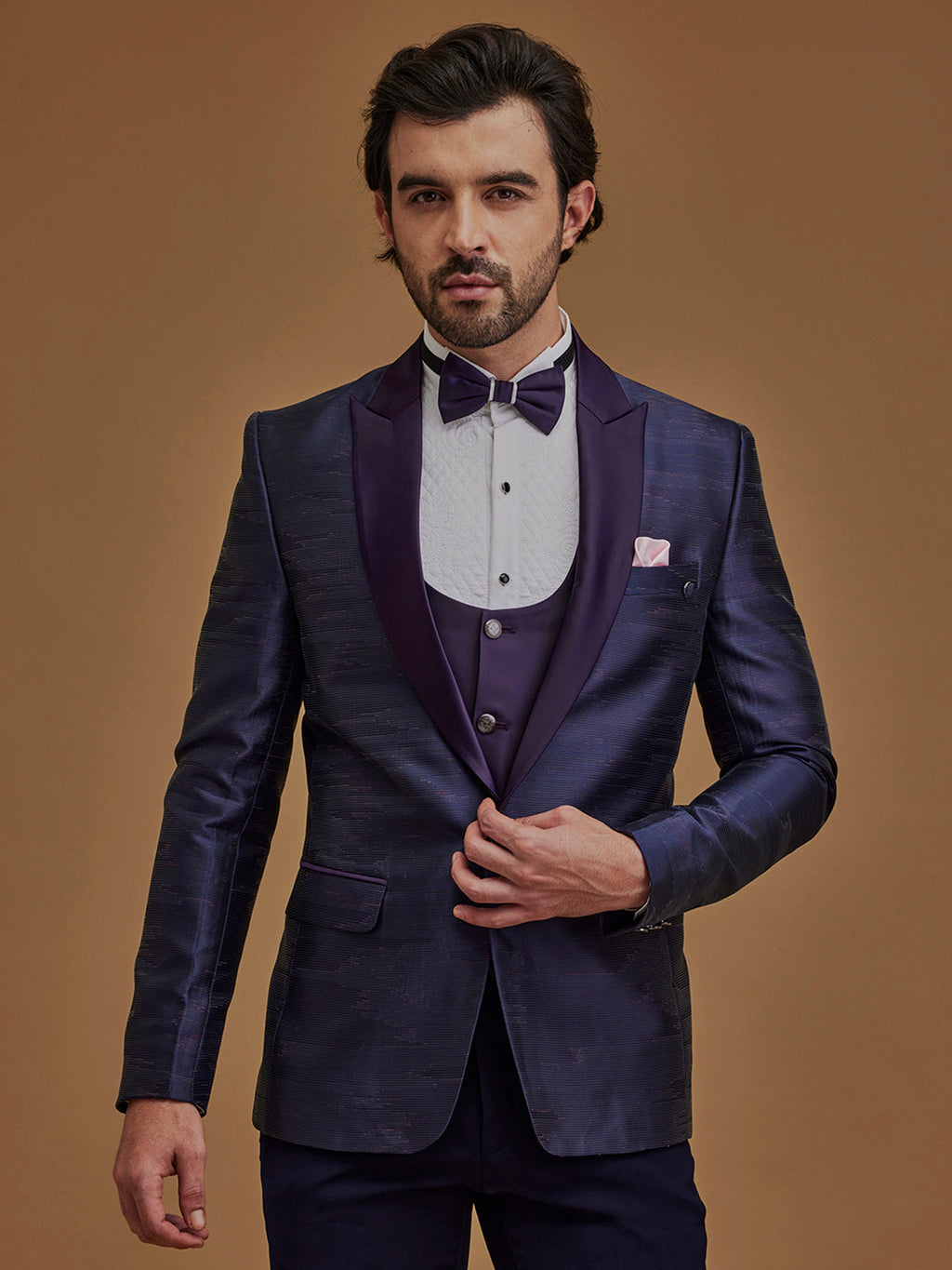 Single Breasted Stripes Purple 5-Piece Suit