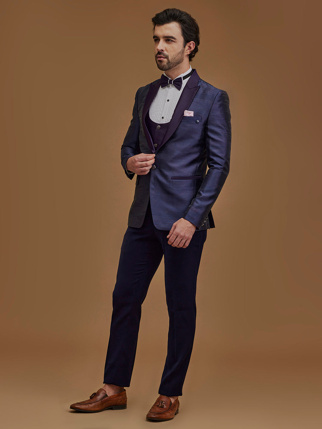 Single Breasted Stripes Purple 5-Piece Suit