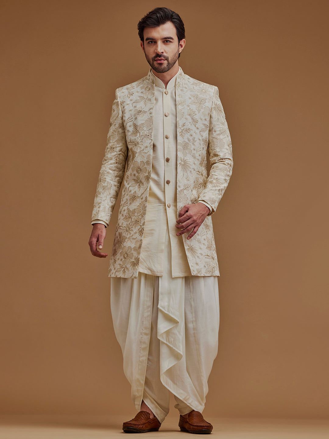 Embroidered With Zari Work Cream Achkan