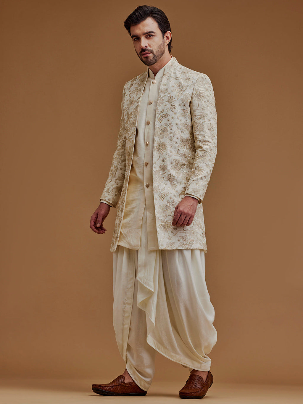 Embroidered With Zari Work Cream Achkan