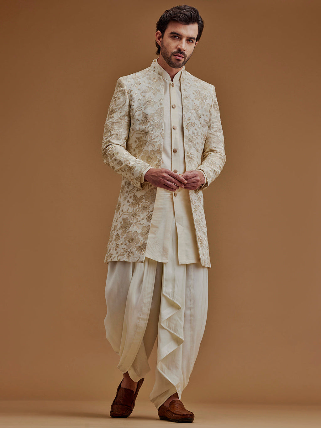 Embroidered With Zari Work Cream Achkan