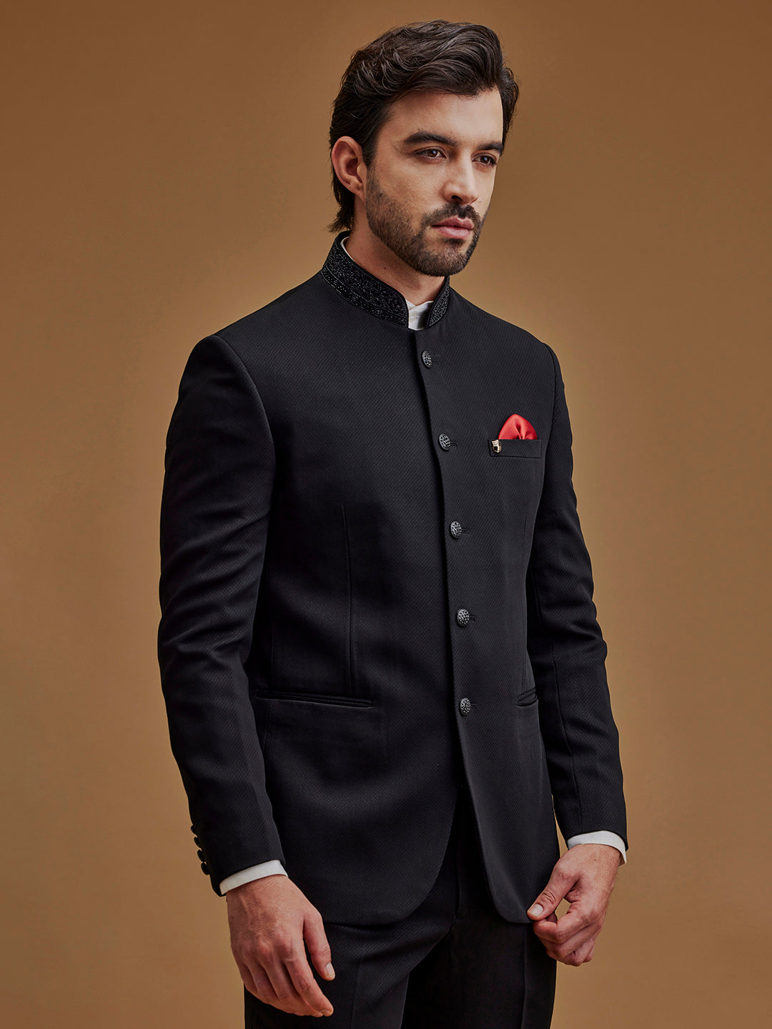 Black Textured Stone Work Indo Western Bandhgala
