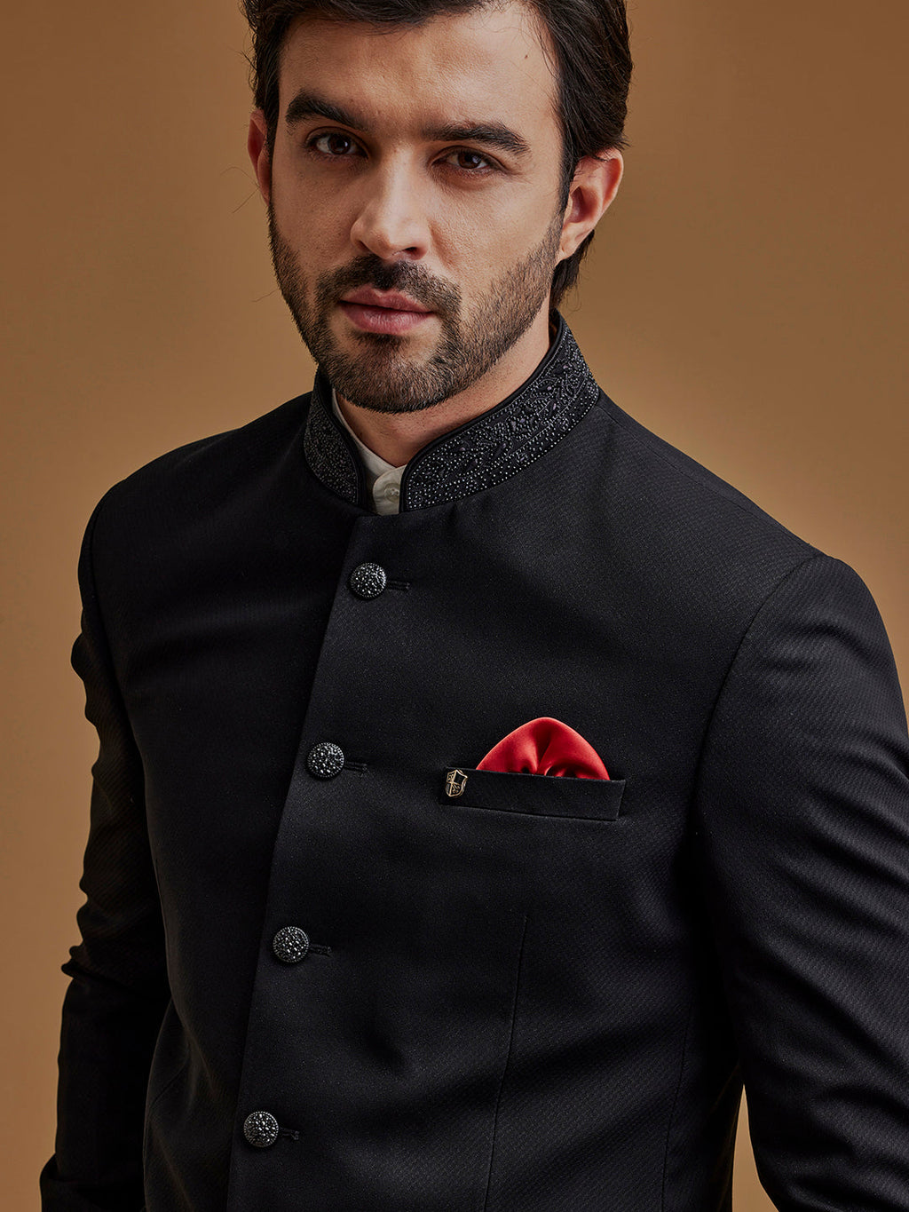 Black Textured Stone Work Indo Western Bandhgala