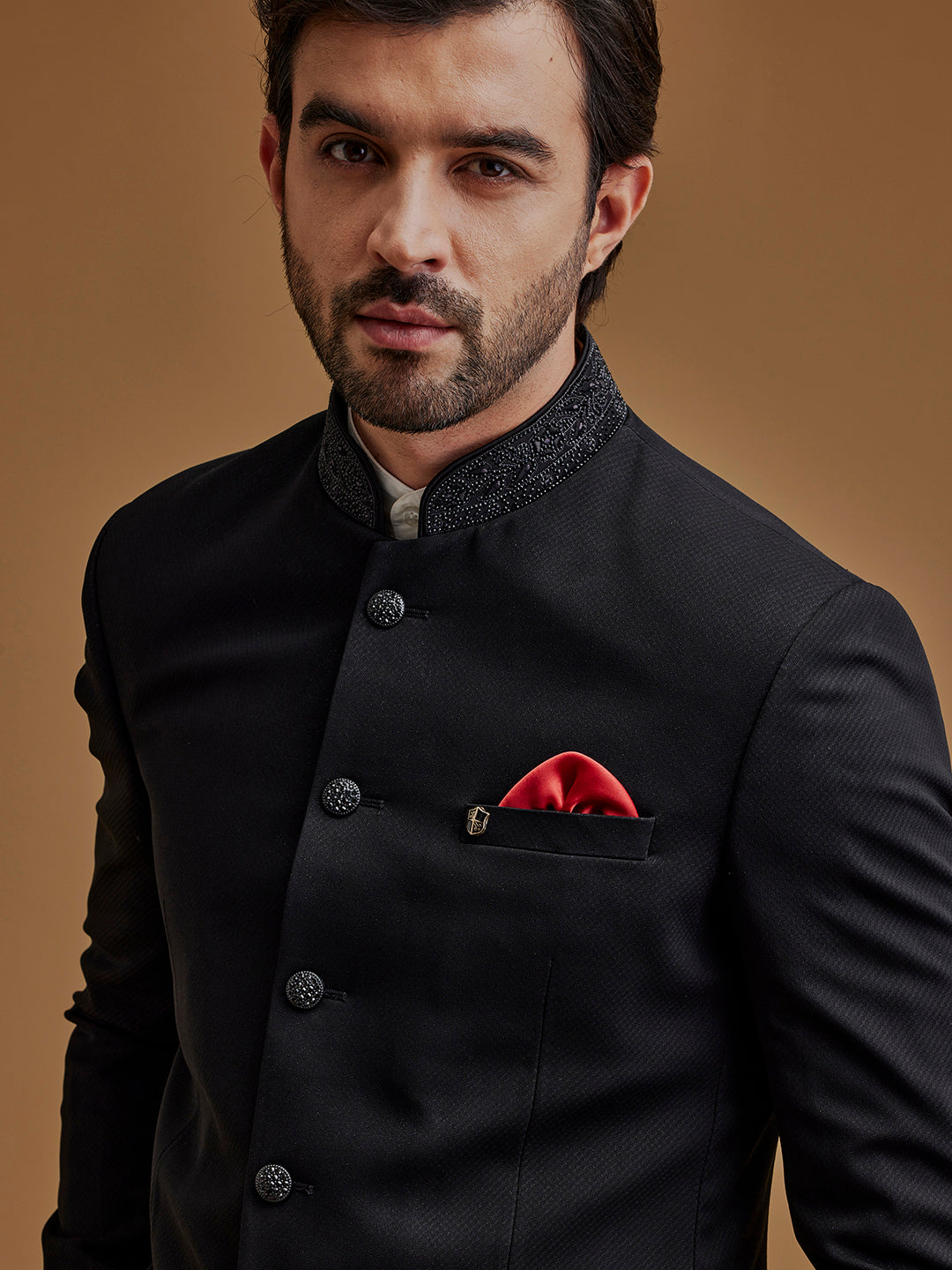 Black Textured Stone Work Indo Western Bandhgala