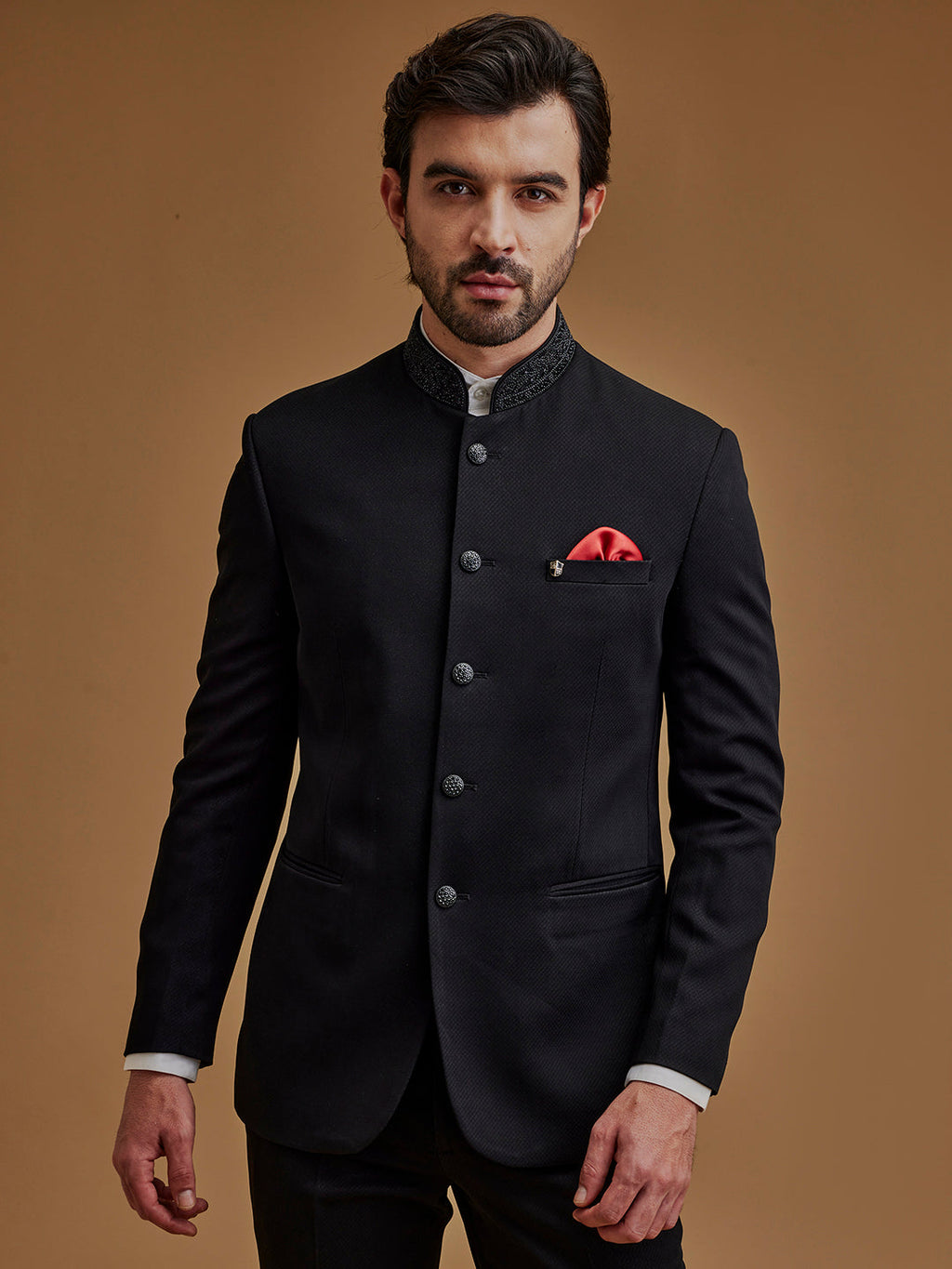 Black Textured Stone Work Indo Western Bandhgala