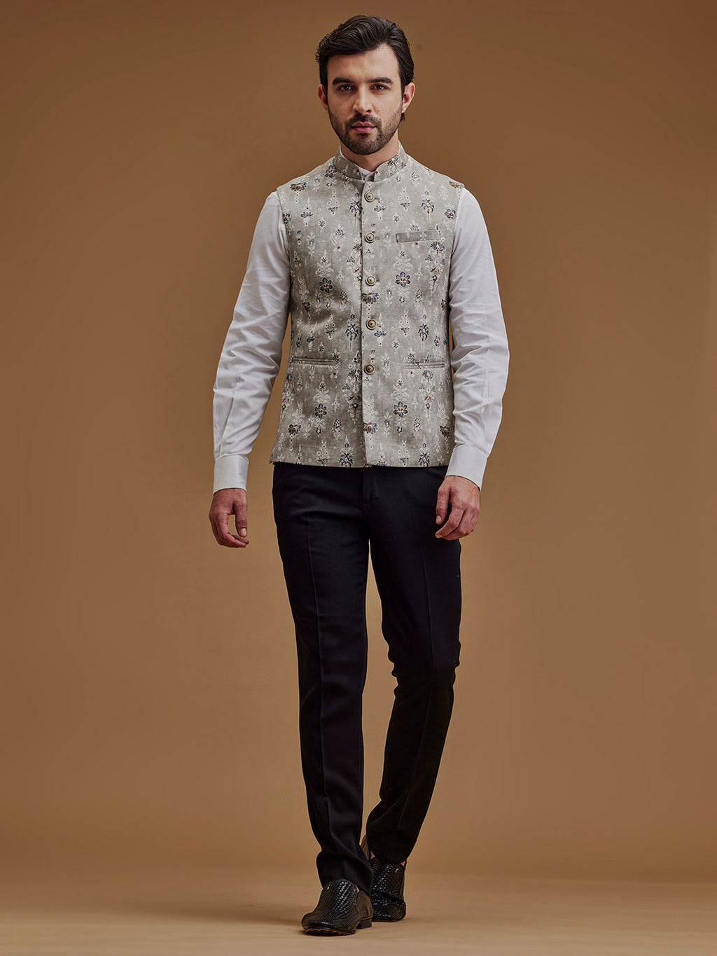 Floral Printed Grey Bundi