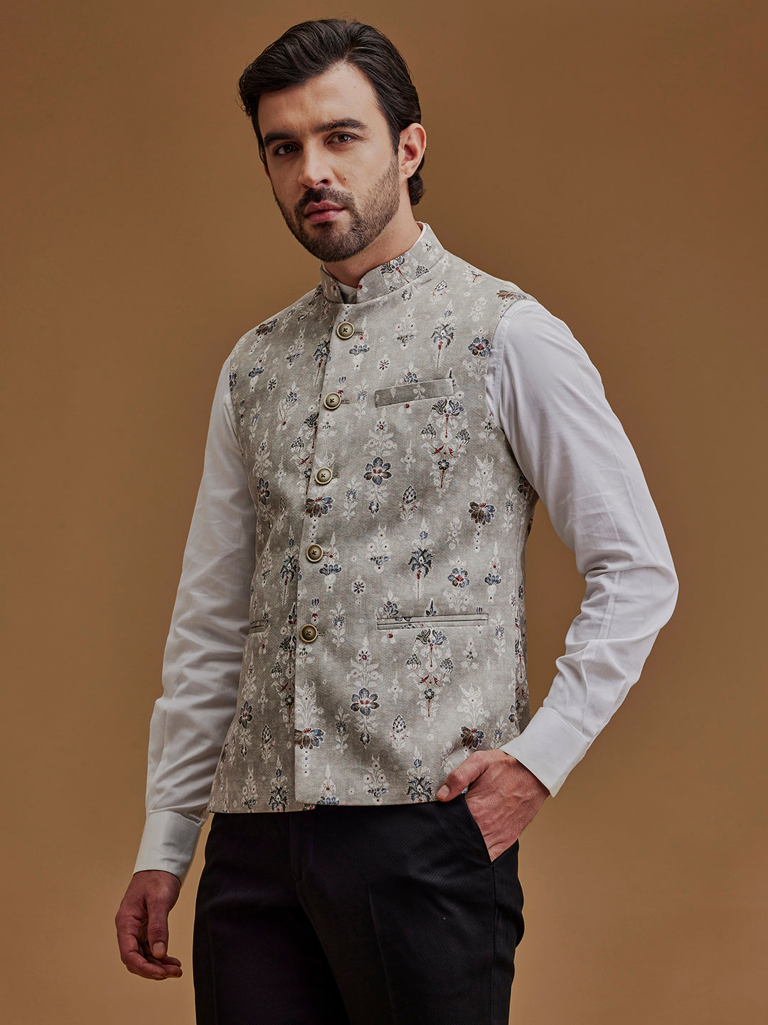 Floral Printed Grey Bundi