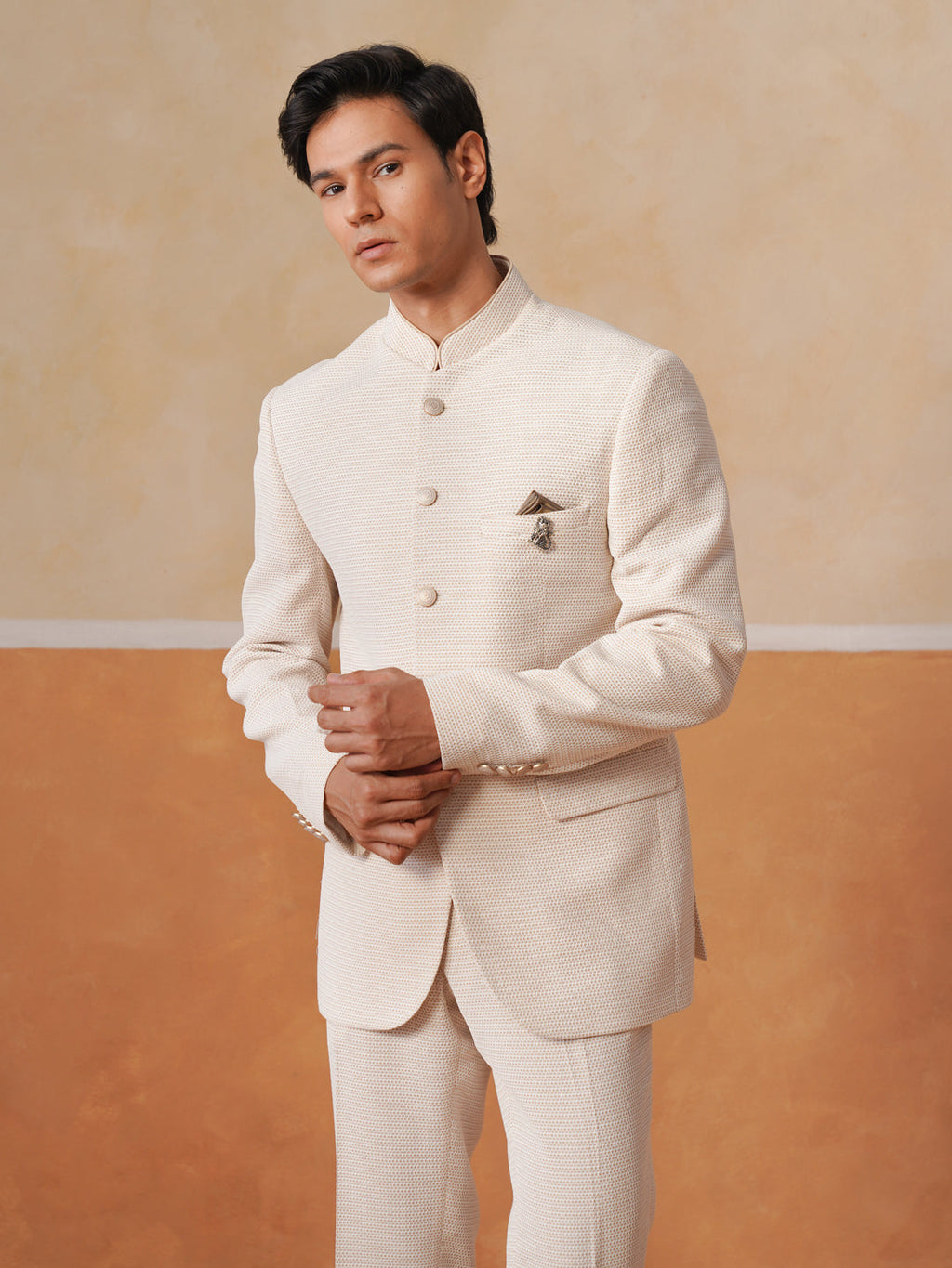 Men Cream 2-Piece Bandhgala Set