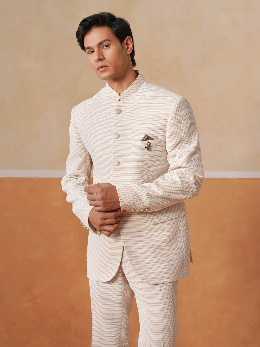 Men Cream 2-Piece Bandhgala Set