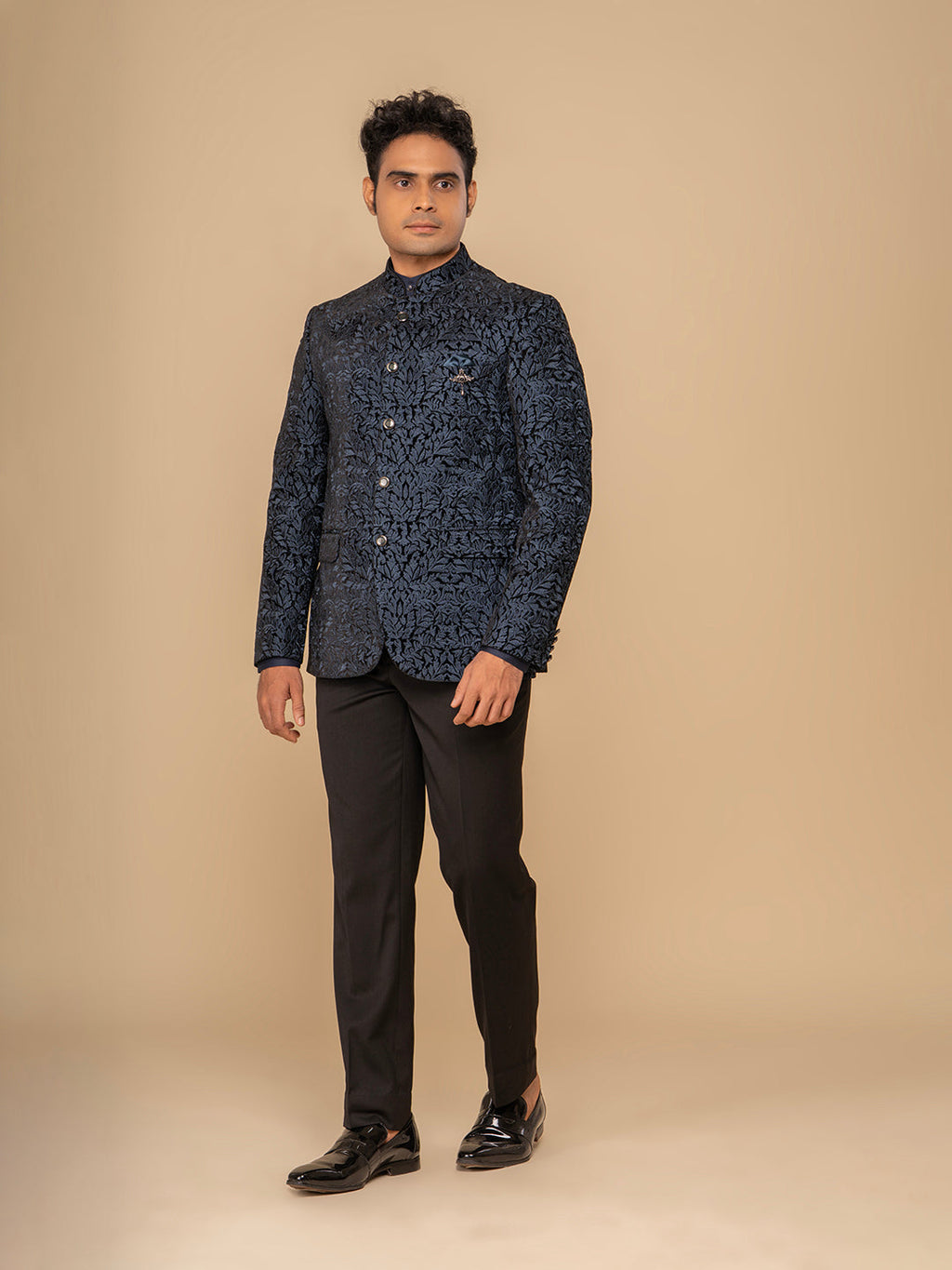 Men Blue 2-Piece Bandhgala Set