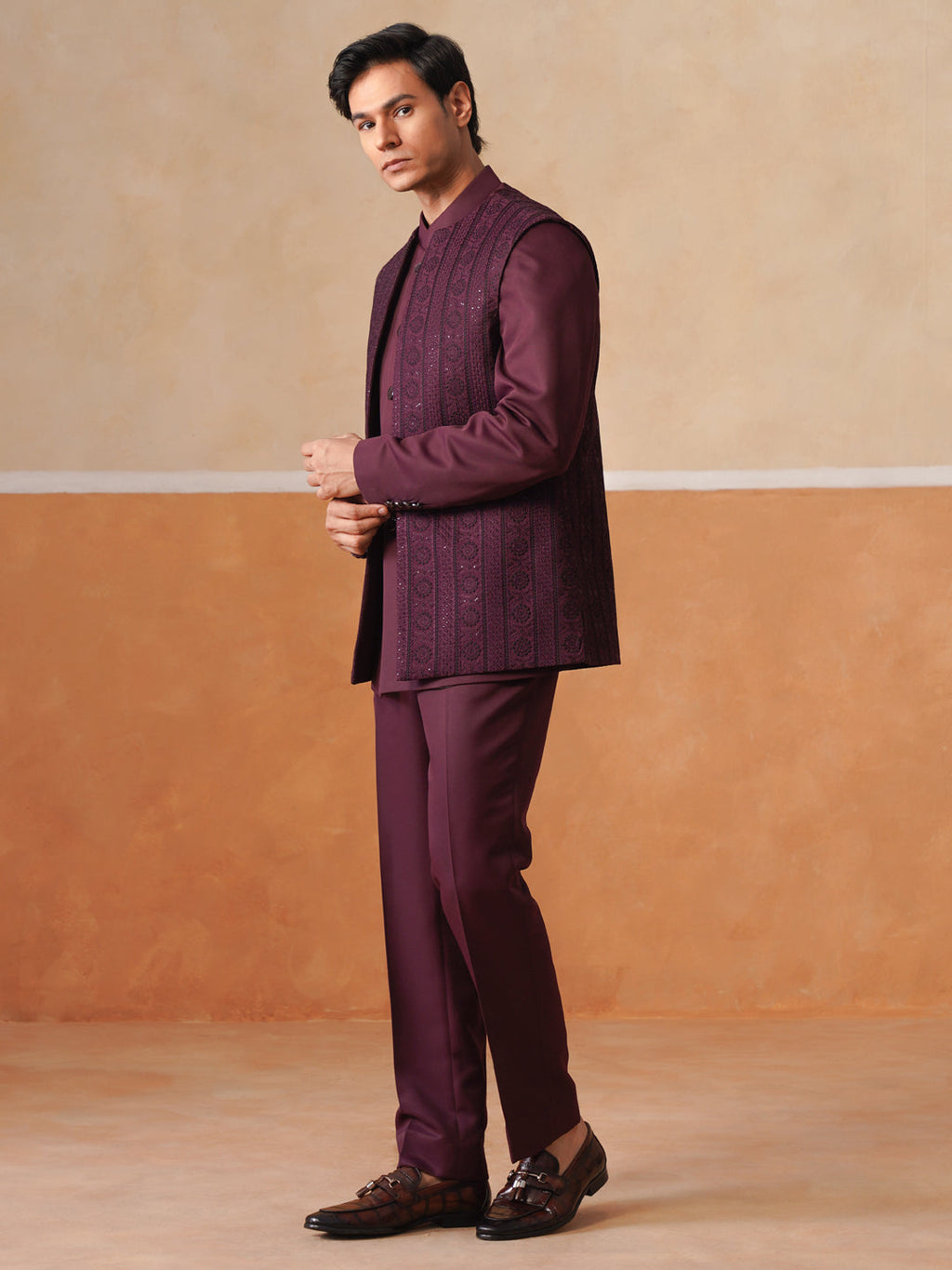 Maroon Embroidered Indo Western 3-Piece Bandhgala