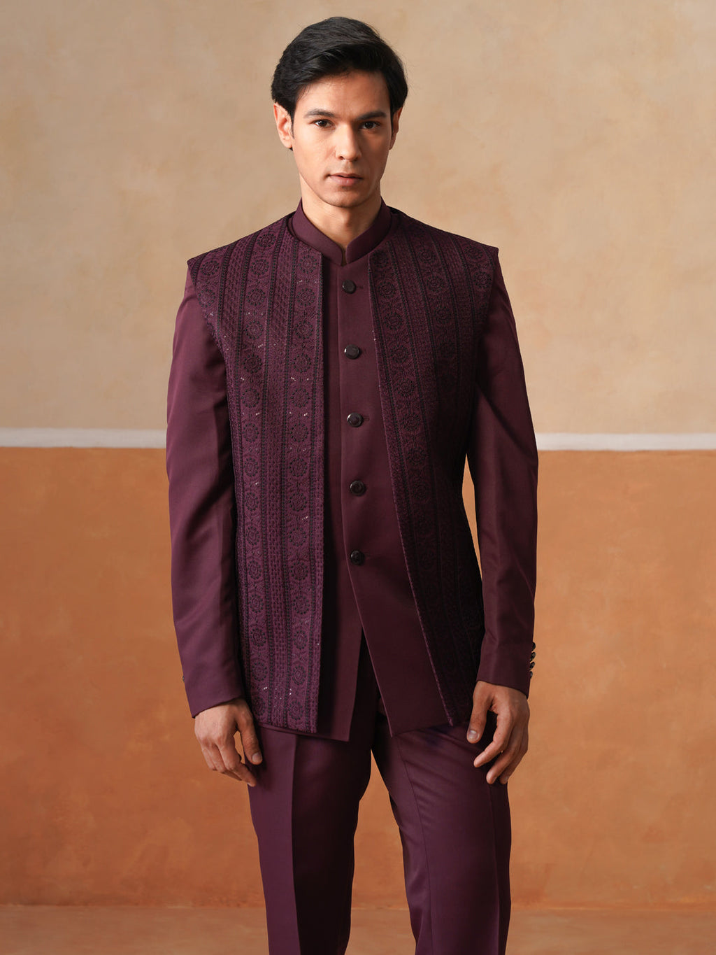 Maroon Embroidered Indo Western 3-Piece Bandhgala