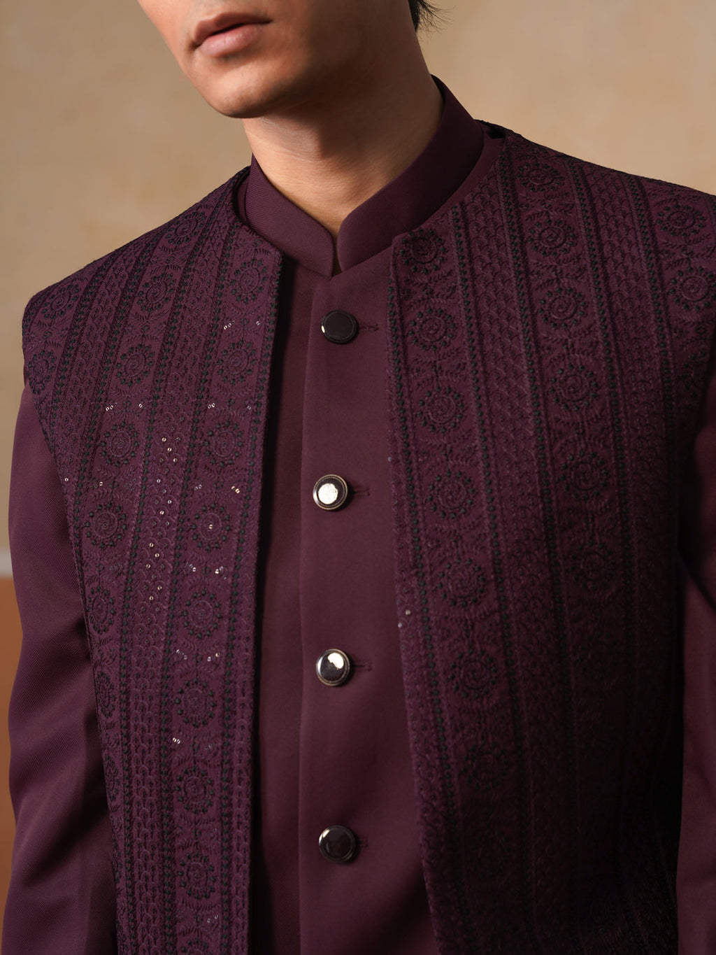 Maroon Embroidered Indo Western 3-Piece Bandhgala